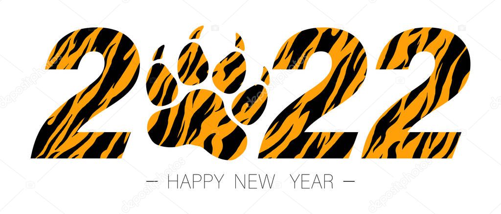 Happy New Year 2022. New years greeting symbol decorated with tiger skin pattern. Vector illustration isolated on white background. EPS 10