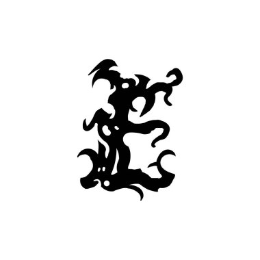 Gotik grafiti tarzında E harfi. Bukleli siyah harf. Logo ya da tasarım elemanı. Beyaz arkaplanda vektör çizimi izole edildi. Vektör EPS 10.