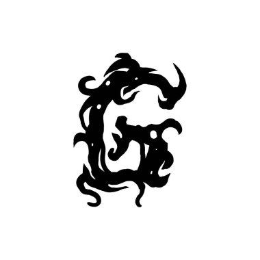 Gotik graffiti tarzında G harfi. Bukleli siyah harf. Logo ya da tasarım elemanı. Beyaz arkaplanda vektör çizimi izole edildi. Vektör EPS 10.