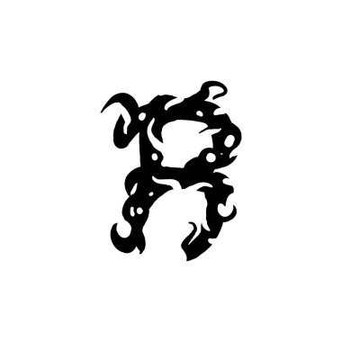 Gotik graffiti tarzında R harfi. Bukleli siyah harf. Logo ya da tasarım elemanı. Beyaz arkaplanda vektör çizimi izole edildi. Vektör EPS 10.