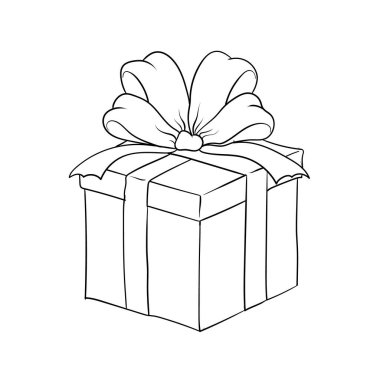 Hediye kutusu. Kurdeleli ve fiyonklu Noel hediyesi kutusu. Çizgi vektör çizimi beyaz arkaplanda izole edildi. Vektör EPS 10.