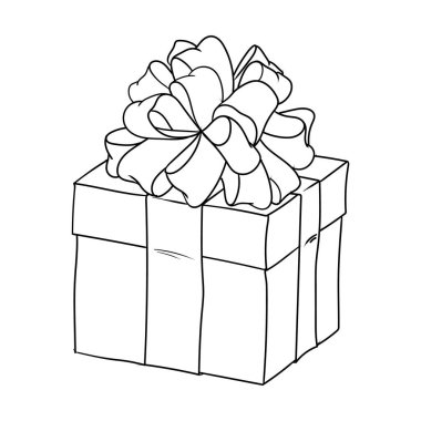 Hediye kutusu. Kurdeleli ve fiyonklu Noel hediyesi kutusu. Çizgi vektör çizimi beyaz arkaplanda izole edildi. Vektör EPS 10.