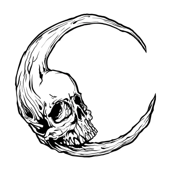 Moon Skull Hand Drawn Skull Line Art Gothic Design Prints — Vetor de Stock