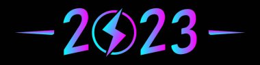 Modern neon gradyan tarzında mutlu yıllar 2023 kavramı. Siyah zemin üzerinde yıldırım veya enerji yüklü 2023 logo ve simgesi. Vektör EPS 10