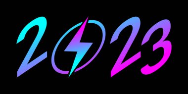 Modern neon gradyan tarzında mutlu yeni yıl 2023 rakamları kavramı. 2023 sayılı logo, simge ya da şimşek ya da enerji yüklü piktogram. Vektör illüstrasyonu siyah arkaplanda izole edildi. EPS10