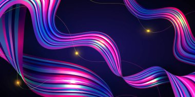 Koyu mavi arkaplanda modern soyut dalga çizgileri. Arkaplanda akış çizgileri var. Mavi ve pembe dalga çizgili kurdele vektör illüstrasyonu EPS 10