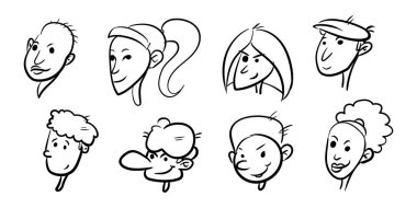 Bir insan karikatür seti. Beyaz arkaplanda serbest çizim vektör çizimi izole edildi. EPS 10