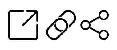 Bağlantı, bağlantı paylaşımı, dış bağlantı simgesi seti. Adres sembolleri. Bağlantı düğmesi yeniden yönlendiriliyor. Web UI tasarımı. Beyaz arkaplanda vektör çizimi izole edildi. EPS 10