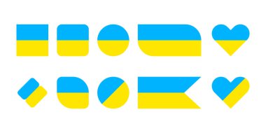 Ukrayna bayrağı taşıyan çeşitli rozetler. Ukrayna renkleri mavi ve sarıdır. Beyaz arkaplanda vektör simgeleri izole edildi.