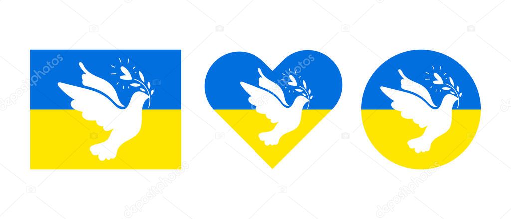 Pray for Ukraine. Stop the war. White pigeon. Say no to war. Patriotic of Ukraine flag. Vector isolated on white background.
