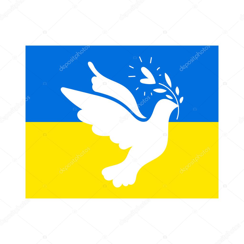 White pigeon. Pray for Ukraine. Stop the war. Say no to war. Patriotic of Ukraine flag. Vector isolated on white background.