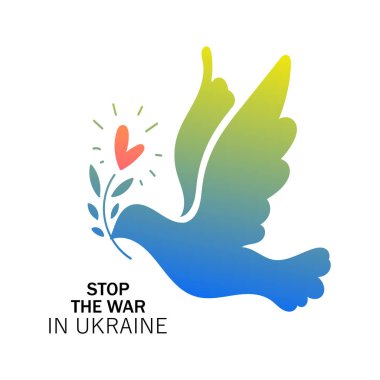 Ukrayna 'daki savaşı mavi ve sarı renkli güvercinlerle durdurun. Beyaz arkaplanda vektör illüstrasyonu.