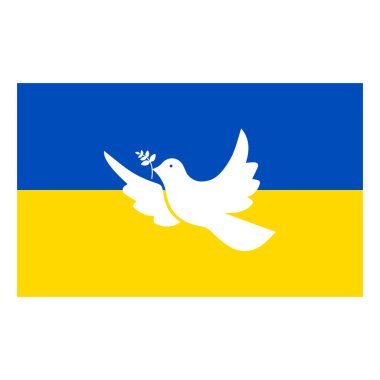 Ukrayna bayrağının vatansever beyaz güvercini. Ukrayna için dua et. Beyaz arkaplanda vektör pankartı izole edildi.