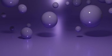 Düşen üç boyutlu toplarla soyut bir arkaplan. Dinamik uçan mor baloncuklar. Web sitesi için modern moda yatay afiş, poster, başlık şablonu. Gerçekçi 3B canlandırma çizimi.