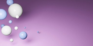 Düşen üç boyutlu toplarla soyut bir arkaplan. Dinamik uçan baloncuklar. Modern moda arka plan, afiş, poster, web sitesi için başlık şablonu. Gerçekçi 3B tasvir çizimi.