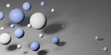 Düşen üç boyutlu toplarla soyut bir arkaplan. Dinamik uçan baloncuklar. Modern moda arka plan, afiş, poster, web sitesi için başlık şablonu. Gerçekçi 3B tasvir çizimi.