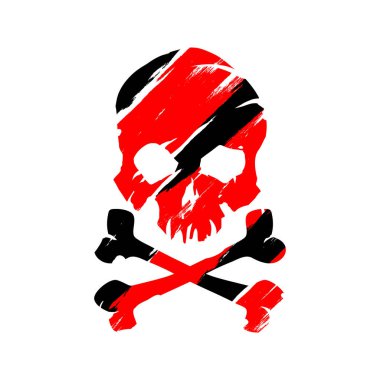 Çapraz kemik ikonu resimli bir kafatası. Çizgi roman tarzı. Korku ya da Cadılar Bayramı için tişört baskısı. El çizimi çizimi siyah arka planda izole edilmiş. Vektör EPS 10.