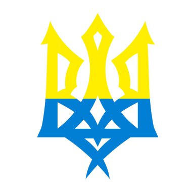 Ukrayna arması. Ukrayna 'nın mızrağı. Sarı ve mavi renklerde Ukrayna ulusal amblemi. Beyaz arkaplanda izole edilmiş tişört baskısı. Vektör EPS 10.