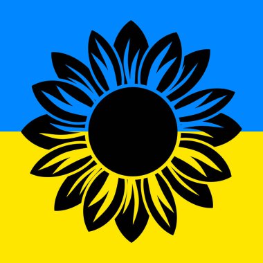 Ukrayna Ayçiçeği çizimi. Arka planda sarı ve mavi renkli Ukrayna çiçek ikonu var. Vektör EPS 10.