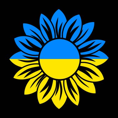 Ukrayna Ayçiçeği çizimi. Arka planda sarı ve mavi renkli Ukrayna çiçek ikonu var. Vektör EPS 10.