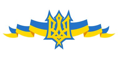 Ukrayna arması. Ukrayna 'nın mızrağı. Sarı ve mavi renklerde Ukrayna ulusal amblemi. Beyaz arkaplanda izole edilmiş tişört baskısı. Vektör EPS 10.