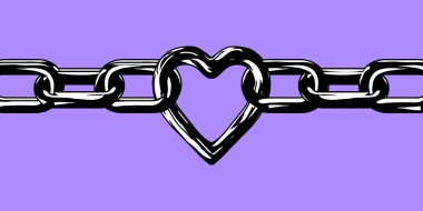 Metal heart with chains. Gothic postcard or background. Modern vector illustration.