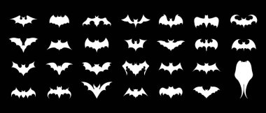 Bats icons set. White flat silhouettes of bats. Icons for Halloween design. Vector illustration isolated on black background.