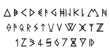Modern runic font, alphabet and numbers. Vector illustration isolated on white background.