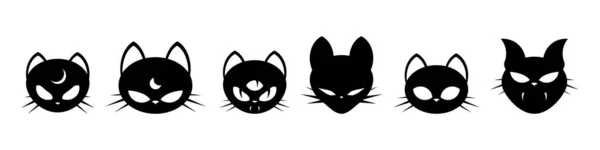 Magical Black Cats Set Cartoon Face Character Cat Head Sticker — Vettoriale Stock