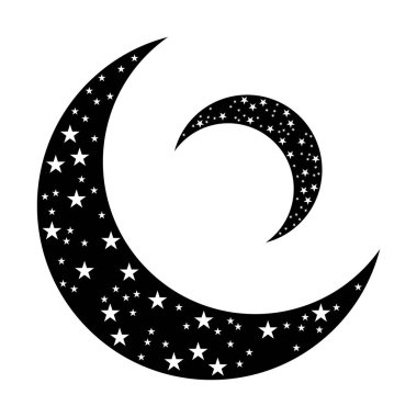 Sihirli ay ve yıldız ikonu. Astroloji için grafik elementler. Boho cadısı ve sihirli sembol. Siyah Ay çizimi beyaz arka planda izole edilmiş. Vektör EPS 10