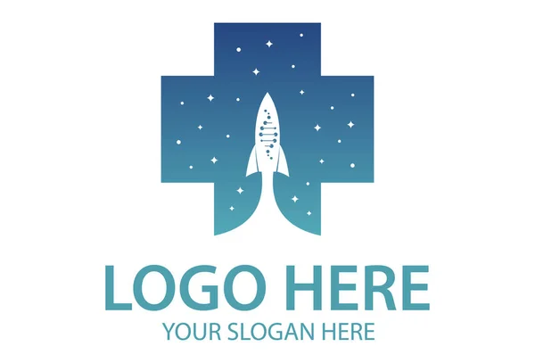 Blaue Farbe Kreuz Gesundheit Mit Negativem Space Rocket Logo Design — Stockvektor