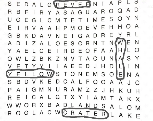 Çember içine alınmış bazı sözcüklerle kelime arama bulmacası