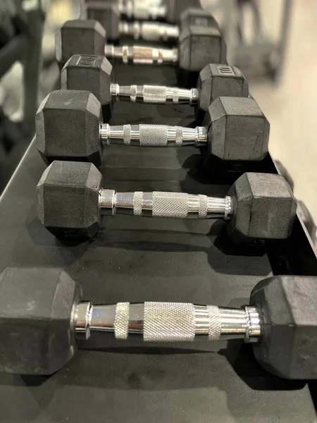 A group of dumbbells in a gym 