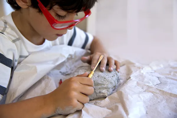 Niño excavando huevos de dinosaurio en equipo completo Imagen de archivo