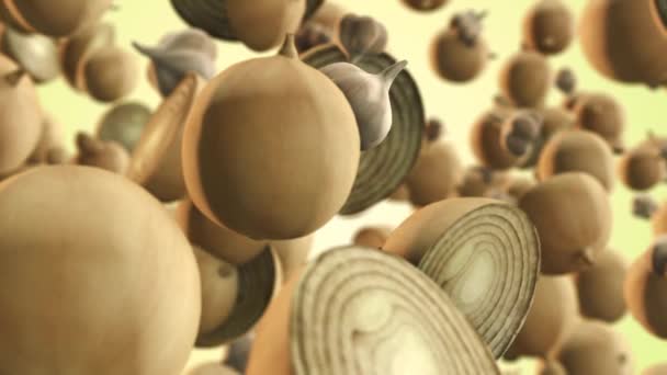 Onions and garlics flying towards camera slow motion 3d footage. — Vídeo de Stock