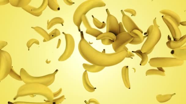 Полет бананов на жёлтом фоне. падающие бананы. Профессиональная замедленная анимация 4K 3d. — стоковое видео