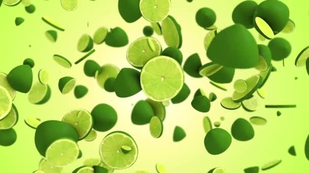 Montones de rodajas de lima cayendo despacio. Imágenes de fondo de cítricos verdes orgánicos. Imágenes de frutas. — Vídeos de Stock