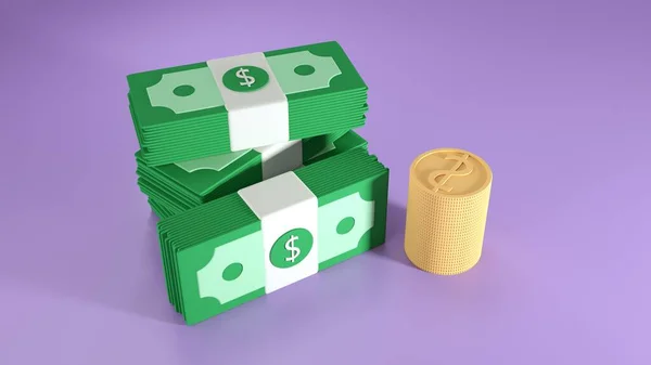 Cash Bundles and coins stack on purple background. money-saving, cashless society concept. 3d render illustration — ストック写真