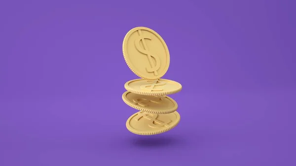 Coins stack falling on purple background, business investment profit, money saving concept. 3d render illustration. — ストック写真