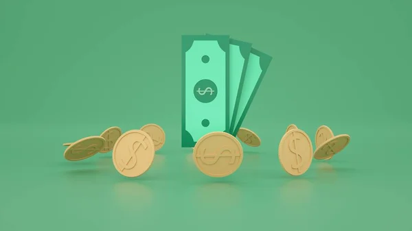 Kontantsedler og flytende mynter på grønn bakgrunn. pengeoppsparende, kontantfri samfunnskonsept. – stockfoto