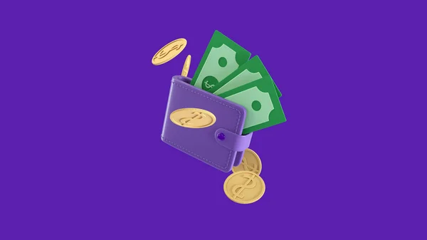 Wallet and banknotes with coins going around icon, Money saving concept. 3d illustration — ストック写真