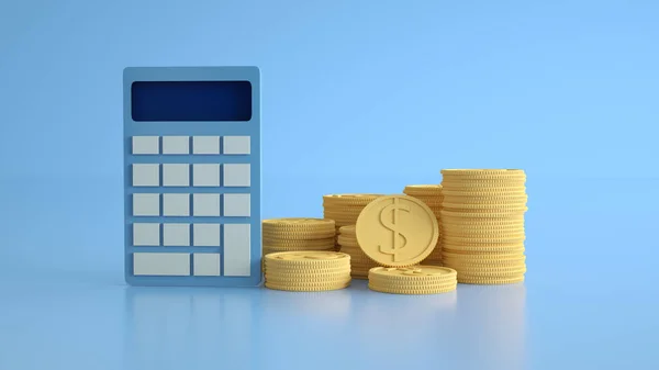Pengestyring, økonomisk planlegging, beregning av økonomisk risiko, kalkulator med myntstabel på blå bakgrunn – stockfoto