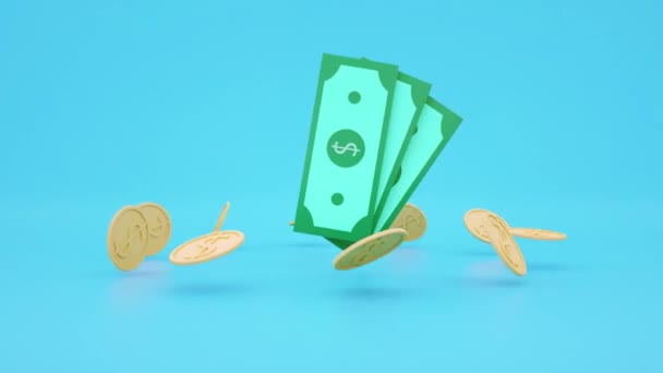 Animerede kontanter dollarsedler og flydende mønter omkring video illustration. pengebesparende, kontantløse samfundsbegreb. – Stock-video