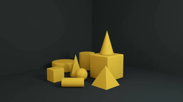 Modern Primitive yellow 3d shapes in corner .Minimal abstract background for product presentation 3d illustration — Fotografia de Stock