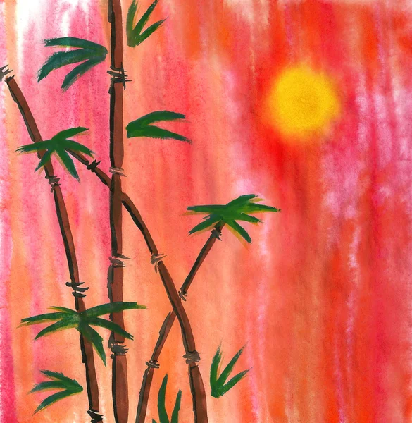 Watercolor Bamboo and Sun — Stock Photo, Image