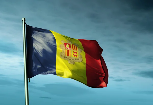 Bandeira de Andorra acenando ao vento — Fotografia de Stock