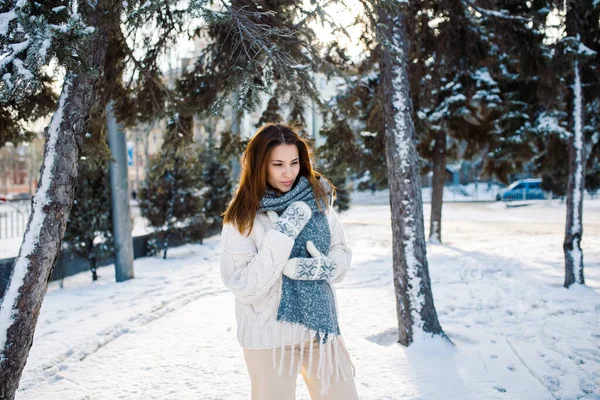 Uma bela mulher caminha em um parque de inverno contra o pano de fundo de árvores cobertas de neve. Plano de fundo natureza Blur. — Fotografia de Stock