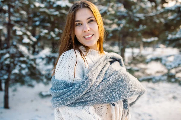 美丽的微笑的年轻女子在冬季室外 雪地的冬季公园 穿着羊毛衫和围巾的红头发女孩的画像 — 图库照片
