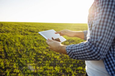 Çiftçinin tarladan tabletle veri transferini kapat. Agronomist yeni tohumlamanın kalitesini ve ilerlemesini kontrol ediyor ve gelecekteki analizler için bilgi gönderiyor. Teknoloji konsepti