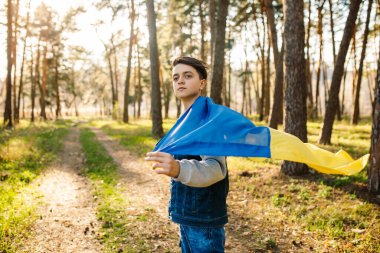 Ormanda Ukrayna bayrağı sallayan genç bir adam. Gün batımında mavi ve sarı bayraklı bir çocuk. Barış kavramı. Savaş yok.